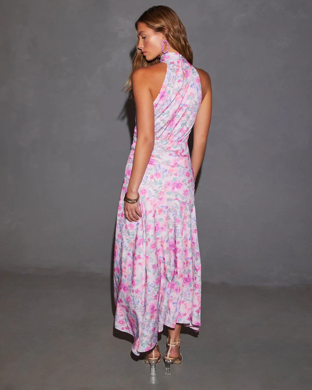 Addison Halter Neck Floral Satin Maxi Dress